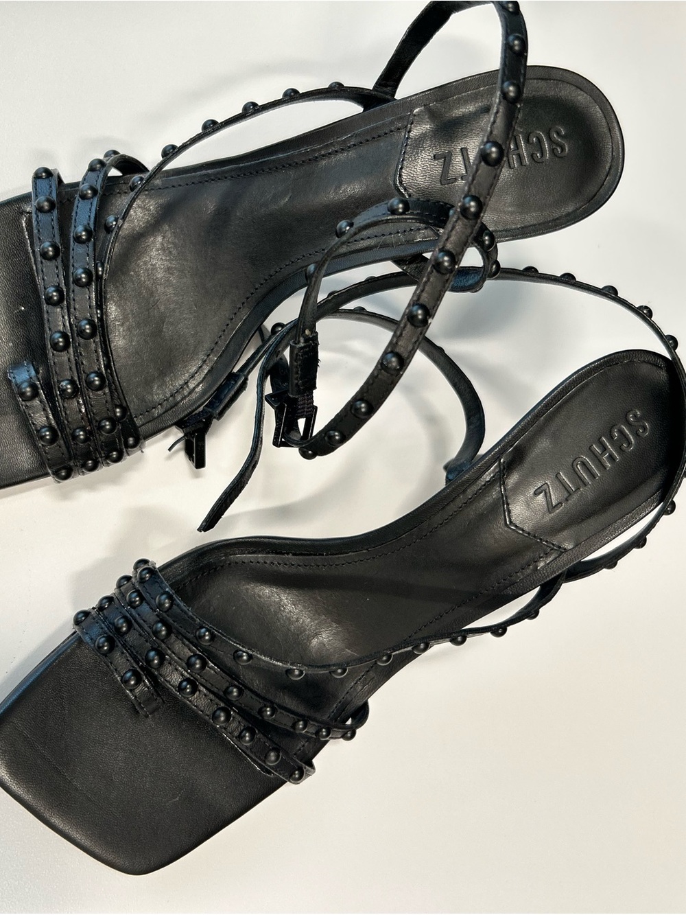 SCHUTZ Black Studded Square-Toe Strappy Sandals 7.5